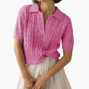 Imily Bela Women's Cable Short Sleeve Pink Sweater